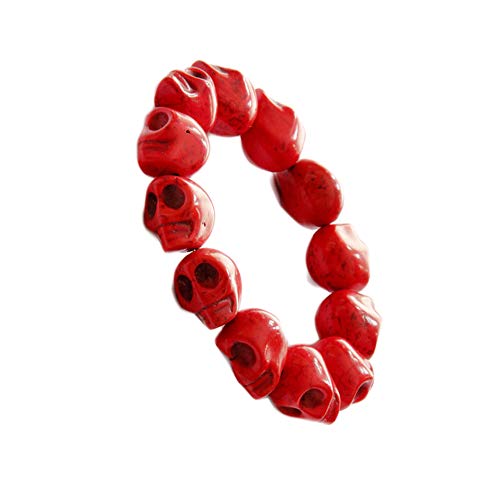 Punk Personality Colorful Skull Bead Skeleton Bracelets Delicate Gothic Charm Head Bone Stone Seed Elastic Strand Bracelets Tibetan Prayer Mala Bangle for Men Women Hip Hop Jewelry-E red