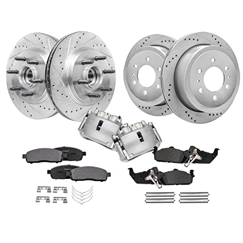 Image of Detroit Axle - RWD Brake Kit for 2005-2008 Ford F-150 2006 2007 2008 Lincoln Mark LT Front & Rear Drilled Rotors Ceramic Brake Pads w /Bracket Front Brake Calipers Replacement- 10pc Set