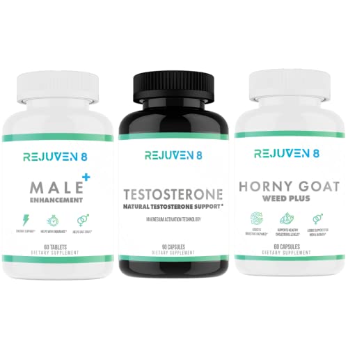 Premium Male Enhancement Bundle by REJUVEN8 NUTRITION - Male Enhancement + (60 Tablets), Testosterone (90 Capsules) and Horny Goat Weed (60 Capsules) -