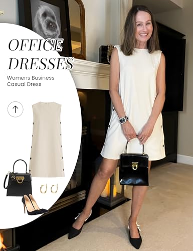 Image of Dqbeng Women's Casual Mini Shift Dress Tunic A-Line Sleeveless Buttoned Summer Dresses with Back Zipper (Beige-M)