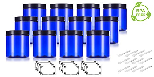 Cobalt Blue 8 oz PET (BPA Free) Refillable Plastic Jar (12 pack) + Spatulas and Labels