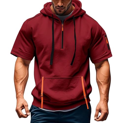 Short Sleeve Hoodies for Men Tactical Quarter Zip Hoodie Muscle Fit Lightweight Oversized Hooded Tshirts with Pocket2