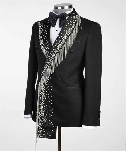 Men's 2 Pieces Suit Black Tuxedo with Rhinestone Slim Fit Peaked Lapel Double Breasted Jacket Pant for Party2