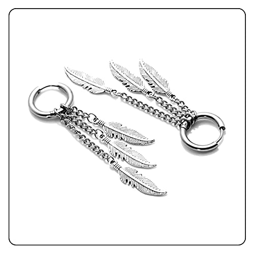 Punk Rock Stainless Steel Feather Drop Dangle Earrings Huggie Hinged Hoop Earrings,2PCS4