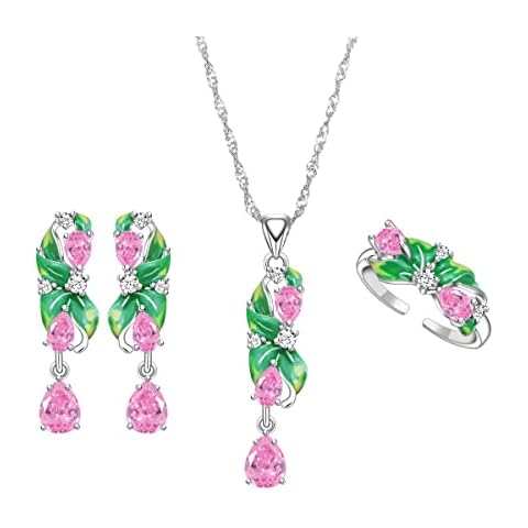 LMXXVJ Green Leaf Enamel Jewelry Set For Women,White Gold Plated Earring Necklace Adjustable Ring Set ,, Brass, Created Blue Sapphire Pink Topaz Cubic Zirconia Cover