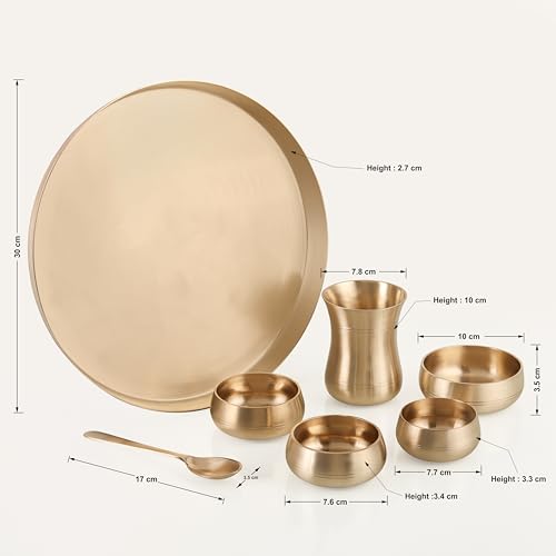 Image of The healing store 7-Piece Kansa Solid Dinner Set|Shine Finish|1 Plate (11.5 inch Thali),3 Bowls,1 Glass,1 Sweet Dish Plate,1 Spoon | Bronze Kansa Dinner Set 7 matt Polish