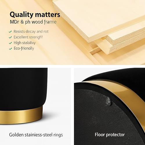 Image of Luxury Velvet Round Ottoman Stool | Gold Base & Trim Accent Furniture | Modern Vanity Pouffe | Footrest Seat for Living Room, Bedroom & Makeup Area (Black)