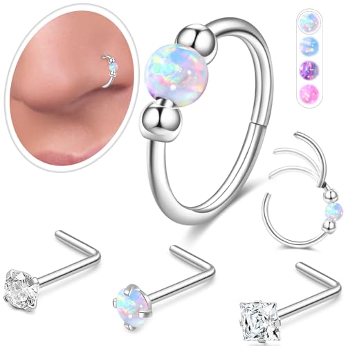 AMASIS Opal Nose Ring and Studs Set, Silver White 18G 8mm