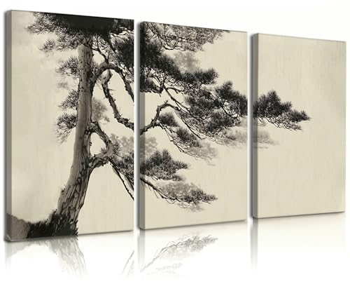 Image of Frimeeme Vintage Sketch Pine Tree Framed Canvas Wall Art Set of 3,12x16 In | Antique Wilderness Forest Wall Decor, Nature Botanical Landscape, Modern Landscape Prints for Living Room Bedroom