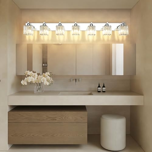 Image of Aipsun Bathroom Vanity Light Fixtures Chrome Vanity Light for Bathroom Crystal Vanity Lighting Fixtures 7 Light (Exclude Bulb)