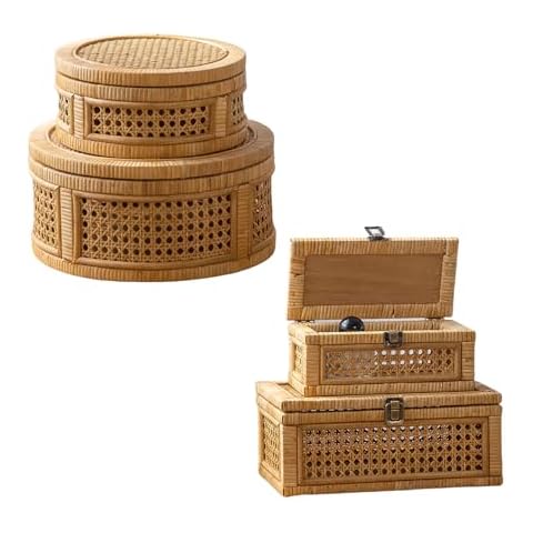 HuiDao Rattan Decorative Box, Boho Display Boxes with Lids, Set of 2 Rectangular, Round Cover