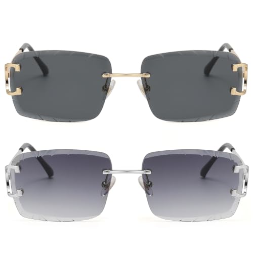Image of Retro Rimless Rectangle Sunglasses for Men Women Luxury Frameless Square Trendy Shade Diamond Cutting Eyewear