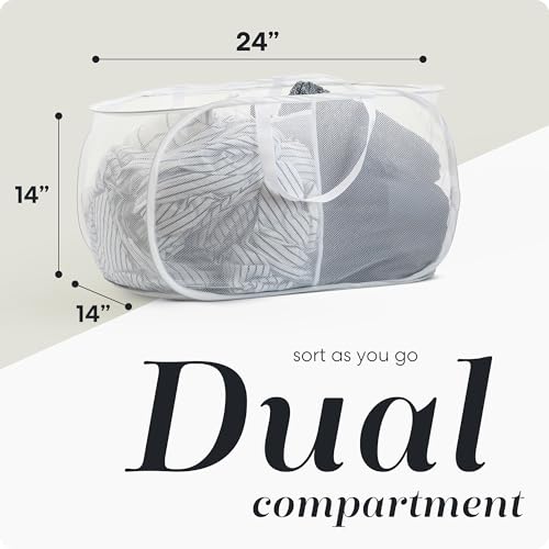 Image of Handy Laundry Collapsible Laundry Basket, 2-Compartment Mesh Hamper - Foldable, Space-Saving, Lightweight & Durable with Handles for Dorm, Travel, Laundry Room, Apartment - White