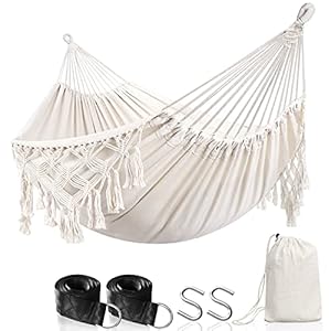 Anyoo Hammock Garden Cotton Hammock Comfortable Fabric Elegant Deluxe Tassels Sturdy Swing Hammock Up to 450lbs Portable Hammock with Travel Bag,Perfect for Porch Patio Yard Bedroom Outdoor/Indoor