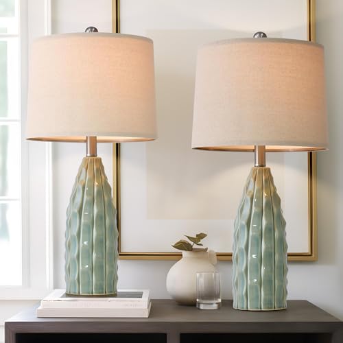 USumkky Ceramic Table Lamps Set of 2, 23.75' Modern Farmhouse Bedside Lamp - Green Nightstand Lamps for Bedroom, Boho Living Room End Tables, Small Office Desk Lamp Decor