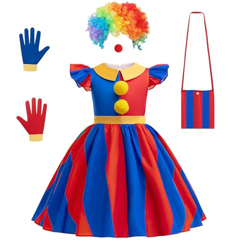 SIMSPEAR Circus Costume for Girls Kids Cosplay Clown Set with Rainbow Wig Nose Bag Gloves
