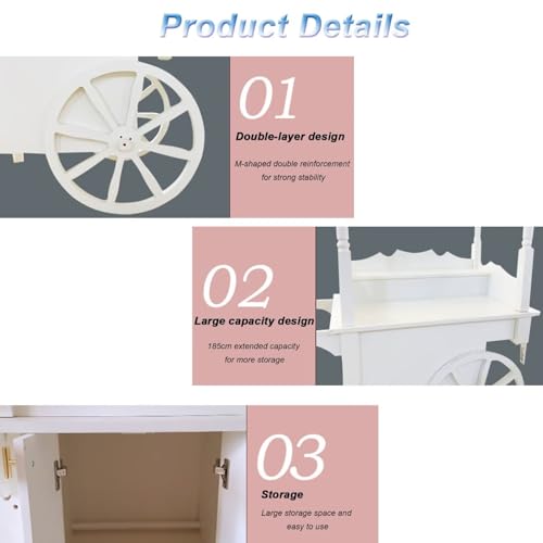 6.5ft Tall White Candy Cart on Wheels for Weddings and Parties Decorated Wood Sweet Cart for Candy and Dessert Display
