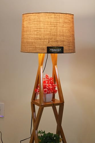 Finautica Wooden Italian Wooden Crafter Standard Size Floor Lamp New Cross Design with Khadi Lamp Shade, Bulb and Holder, Pack of 1
