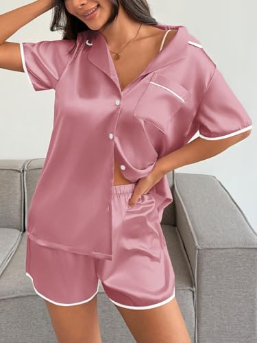 Image of Ekouaer Womens Satin Pajamas Set 2 piece Silky Buttton Down Short Pjs | Silk Notch Collar Top and Soft Shorts Lounge Set for Sleep, Daily Wear, Home, Wedding, Party
