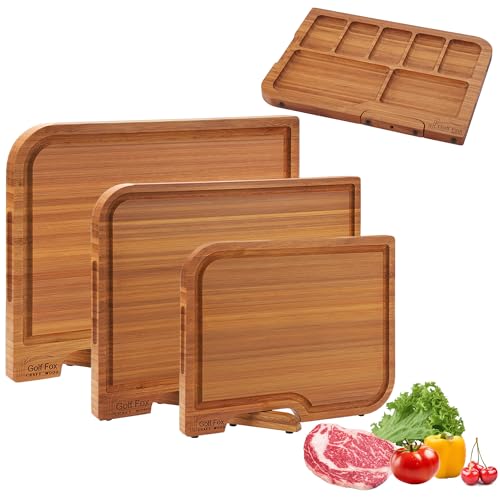 3-PCS Bamboo Cutting Board Set, Wood Cutting Board for Kitchen with Innovative Stand, Juice Groove & Handle, Double Sided for Chopping & Charcuterie Board, Kitchen Gift for Home Cooks, For Meat &Fruit