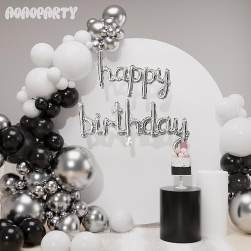 Image of Silver Happy Birthday Balloons Banner 16 Inch Mylar Foil | Happy Birthday Letters Sign for Women Men Adults Birthday Party Decorations