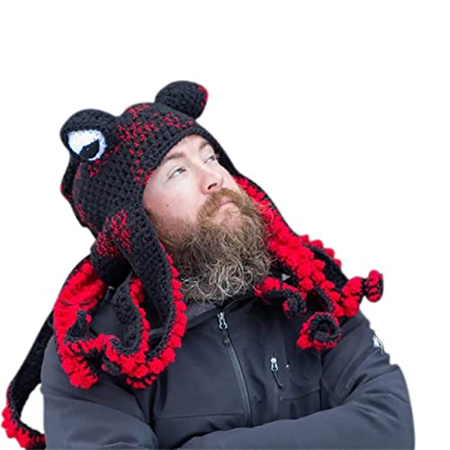 XKCL Knitted Pot Belly Octopus Squid Animal Costume Hat (Black & Red)