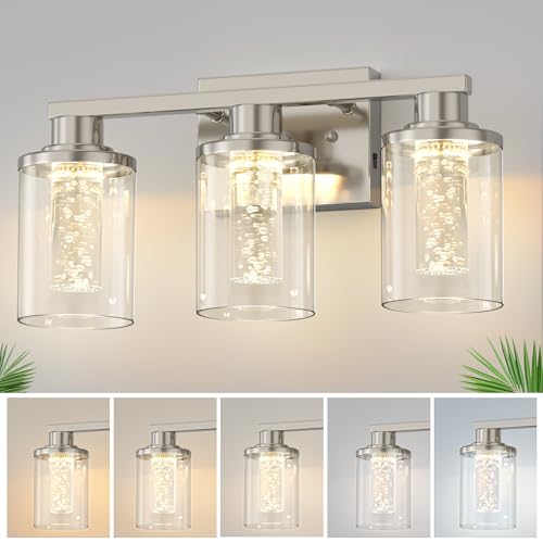 Image of DORESshop 3-Light Brushed Nickel Bathroom Light Fixtures, Crystal LED Bathroom Lights Dimmable Light with Clear Glass Shade,Vanity Lights for Living Room
