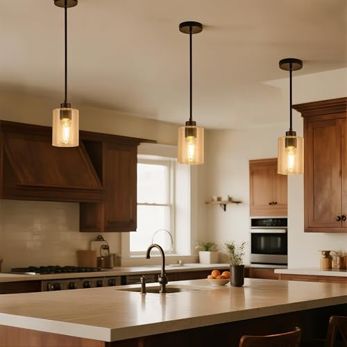 Image of MAYNA 3-Pack Black Kitchen Island Lighting Over Table, Linear Industrial Chandelier with Glass Shades, Adjustable Rods Ceiling Lights for Kitchen, Breakfast Nook (Bulbs Included)