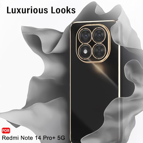 Image of TheGiftKart Luxurious Golden-Plated Back Cover Case for Redmi Note 14 Pro Plus 5G | Raised Lips for Camera & Screen Protection | Shockproof Design Cover for Redmi Note 14 Pro+ 5G (TPU, Black)