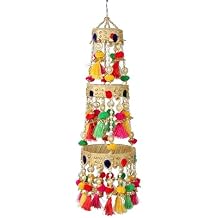Decorative Wall Roof Hanging Round Centre Ceiling Roof Door Wall Jhoomar Colorful Pom Pom with Tassels Beads Ornament Hangings Home Decor for Indian Traditional Festival DecorationSize-20"
