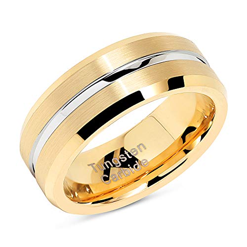 100S JEWELRY Tungsten Rings for Men's Gold Wedding Bands Silver Grooved Two Tone 8mm Wide Size 6-162