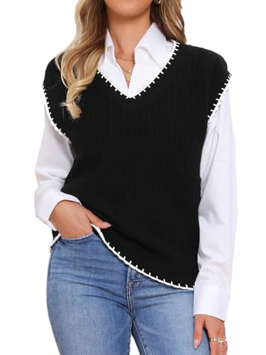 Allegra K Casual Sweater Vest for Women's Fall Winter 2025 Cap Sleeve V Neck Uniform Knit Pullover Tops