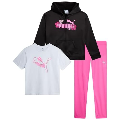 PUMA Active Girls Legging Set – 3 Piece Athletic TShirts Zip Up Fleece Hoodie Sweatshirt and Legging Pants for Girls (7-14)