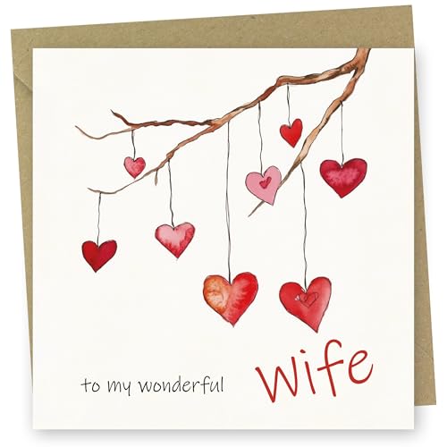 Anniversary Card for Wife. Branch of Hearts Design. Card with Kraft Envelope. 150x150mm when folded. Message inside. Made in Britain.