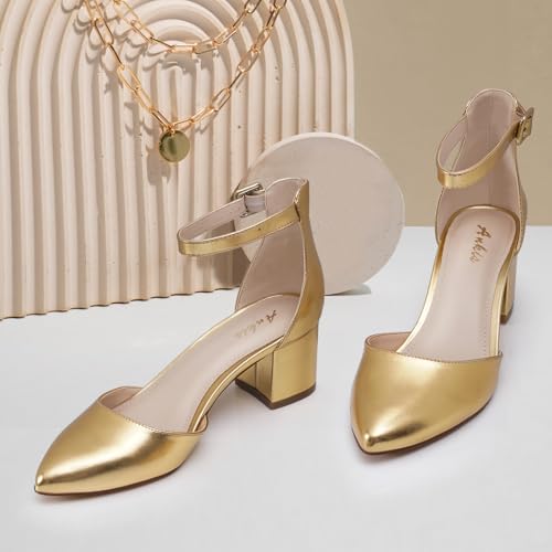 Image of Ankis Closed Toe Heels for Women, 2.25 Inch Low Block Chunky Dress Pumps | Black Nude White Gold Silver Pointed Toe Design, Soft Insole, Adjustable Ankle Strap, Classic Versatile, For Formal Daily