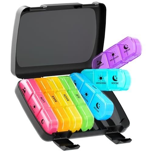 Opret Pastillero Semanal 3 Tomas Español, Pastillero Diario Grande 7 Dias, Dosificador de Comprimidos con 21 Compartimentos, Organizador de Pastillas para Viaje