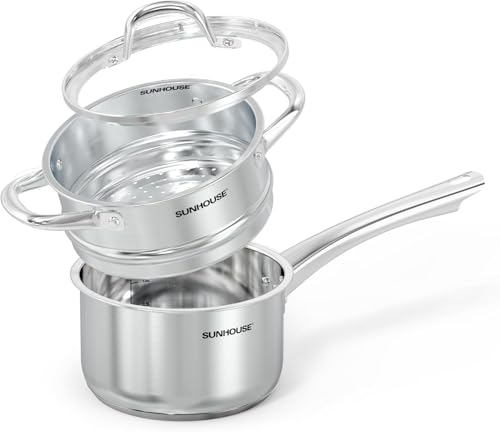 SUNHOUSE 2 QT Stainless Steel Pots - Steamer for Cooking, Saucepan with Lid - Small Sauce Pan with Vegetable Food Steamer Basket - Induction Cooking Pot with Stay Cool Handle