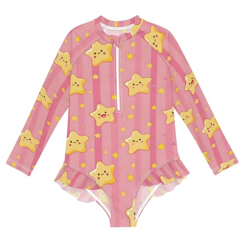 ALAZA Toddler Swimsuit Girl Bathing Suit Swimwear Rash Guard Yellow Stars Pink Stripe Long Sleeve 3T