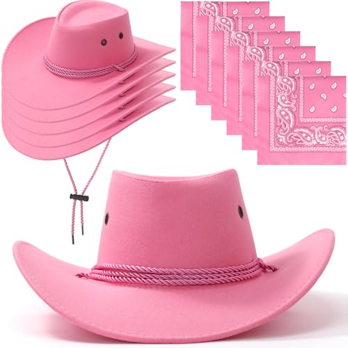 Zhanmai 12 Pcs Cowboy Hat and Bandana Cowboy Cowgirl Hats Bulk Western Party Costume Halloween Accessory (Polyester,Pink)