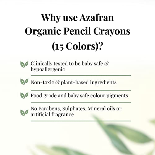 Image of Azafran Organics 15 Non-Toxic Plant-Based Pencil Crayons, For Pre School Kids, Hypoallergenic, No Mineral Oils Or Harmful Chemicals, Multi-coloured