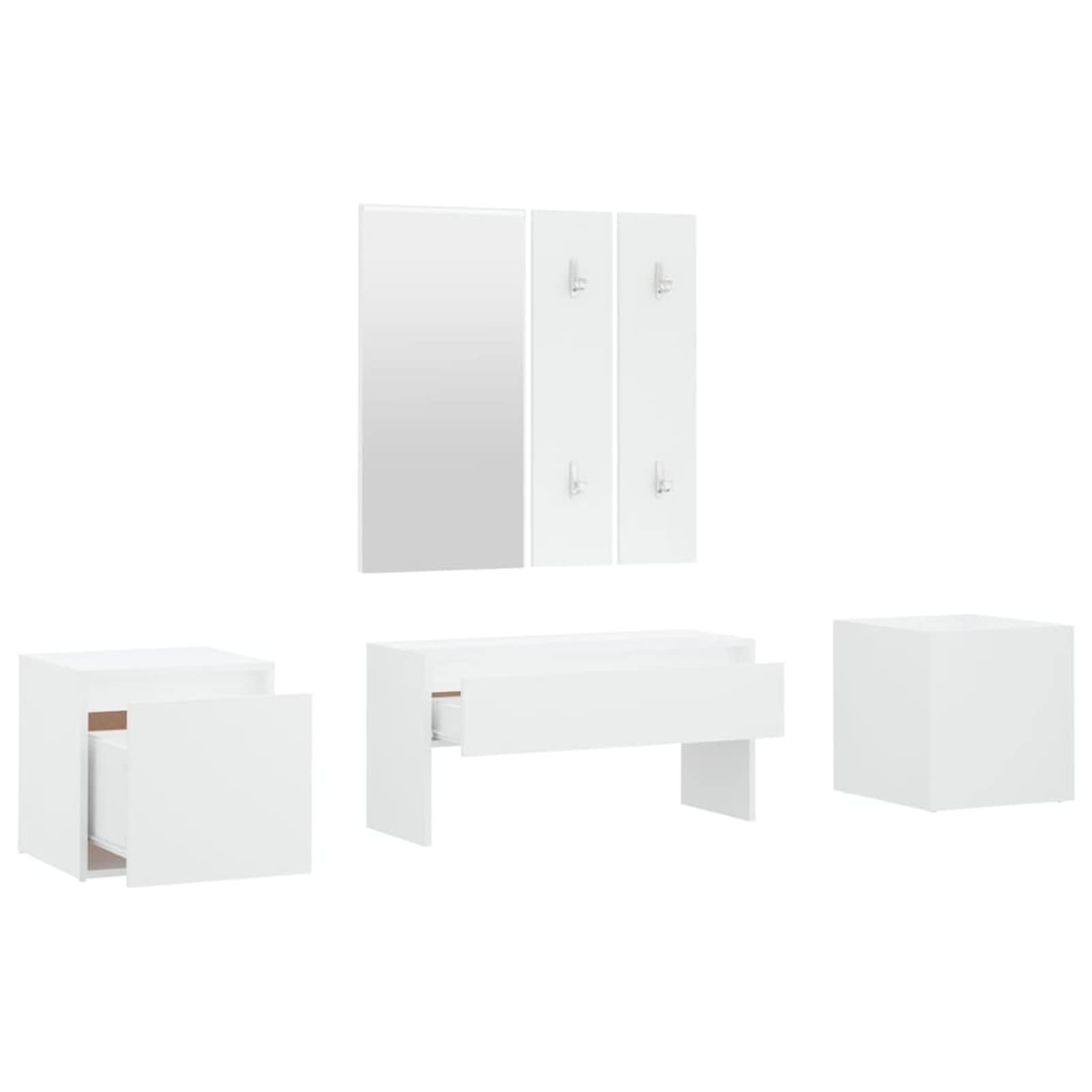 Banco de Entrada con Espejo y Perchero: Madera Contrachapada, Apto para 110 kg, Blanco, para Decoración y Almacenaje