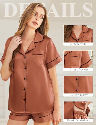Image of Silk Pajamas for Women Short Sleeve Sleepwear Soft Button Down Loungewear 2 Piece Satin Pjs Shorts Set S-XXL