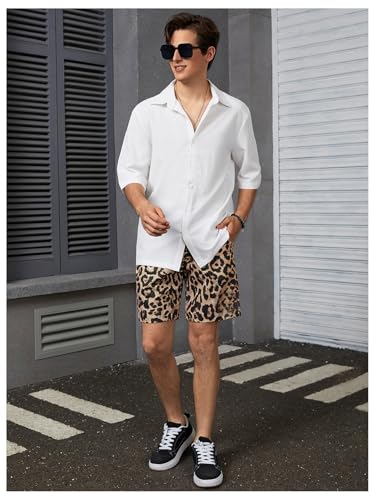 OYOANGLE Men's Leopard Graphic Print Adjustable Elastic Waist Drawstring Workout Shorts4