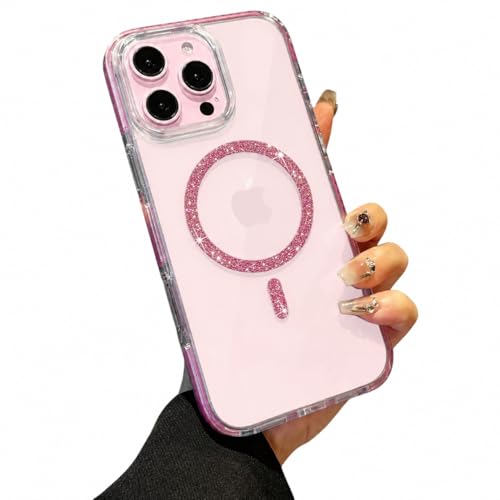 Image of VONZEE Compatible for iPhone 16 Pro max 6.9'' Case Glitter Ring Cute Shiny Colorful Bling Case (Compatible with Magsafe) Transparent PC+TPU Glossy Shiny Cover for Girls Women,Pink