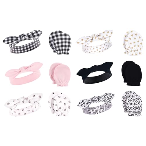 Hudson Baby Girls 12Pc Cotton Headband and Scratch Mitten Set, Lady Bug Xoxo, 0-6 Months