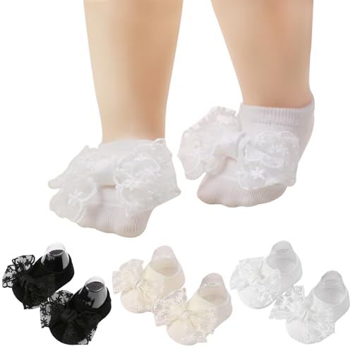 3 Pairs Baby Girls Socks, Lace Bow Non-Slip Grips Sock Toddler Princess Low Cut Ankle Socks for Newborn,Infant