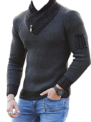 Knitted Sweater for Men Autumn Winter England Size Solid Color Slim Fit Fashion Scarf High Collar Stitching Sweaters Pullover (Dark Gray,XX-Large)