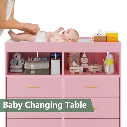 GarveeHome Dresser for Bedroom with 6 Drawers, Baby Changing Table Dresser with Changing Pad, LED Lights & Charging Station, Baby Changing Station with Changing Table Top, Pink