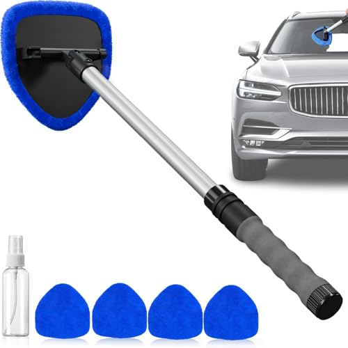 5Pcs Car Windscreen Cleaner,Windscreen Cleaner Tool with 4 Reusable Microfiber Pads,180° Rotating Head Extendable Windscreen Cleaner Bursh,Spray Bottle,Car Window Cleaner Kit for SUV RV Truck Home