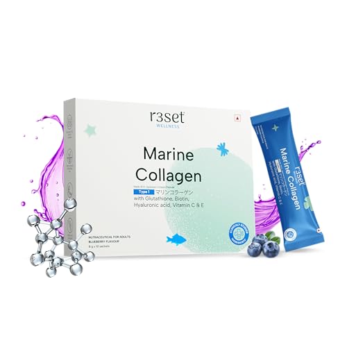 R3SET Japanese Marine Collagen 5000mg Blueberry Supplement - 10 Sachets | Type 1 Hydrolyzed Collagen Peptides with Glutathione, Hyaluronic Acid, Vitamin C, E & Biotin | Hydration & Elasticity Support